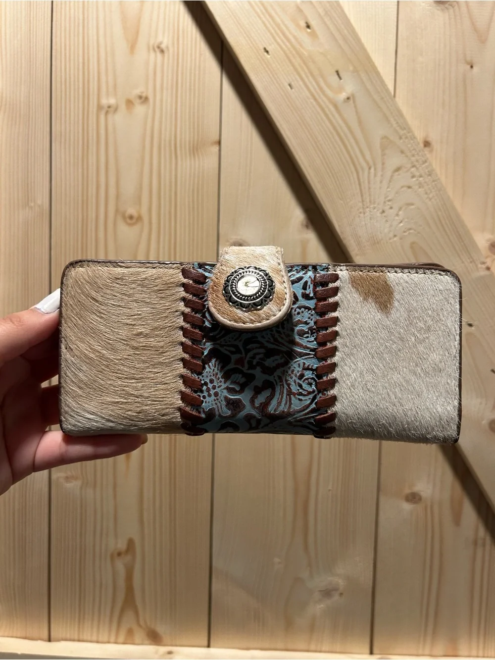 Cowhide Wallet with Turquoise Floral Accent